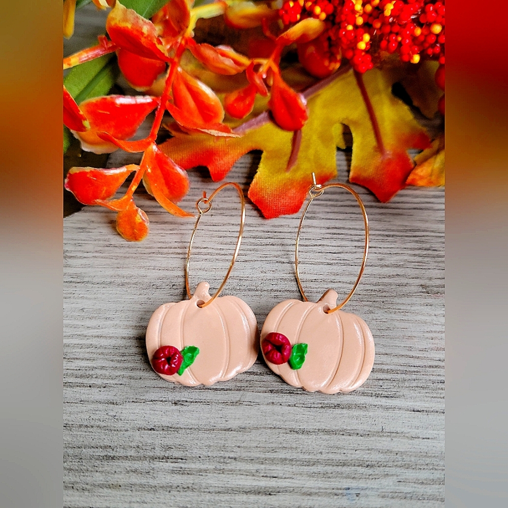 Floral Pumpkin Clay Earrings| Dangle Handmade Fall Earring| Gold or Silver